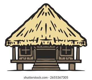 Esta estructura muestra una casa tradicional con techo de paja con un marco de madera y escalones que conducen a la entrada. Se encuentra en un entorno al aire libre con sutiles Elementos naturales.