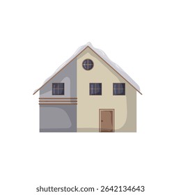 This structure showcases a two-story design with a sloped roof and snowy accents, reflecting a modern aesthetic. The medium-colored exterior highlights distinct architectural details.