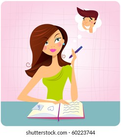 This student girl is is doing homework or reading book and dreaming about this sexy boy. Vector Illustration.