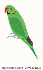 This stunning Alexandrine parakeet vector features vibrant green plumage, a striking red beak, and a sleek black tail. Perfect for adding a touch of exotic beauty to any design project