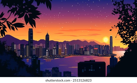 Diese atemberaubende Illustration fängt die faszinierende Skyline von Hong Kong bei Sonnenuntergang ein. Die Sonne taucht unter den Horizont und wirft einen warmen orangen und violetten Farbton über die Hochhäuser der Stadt