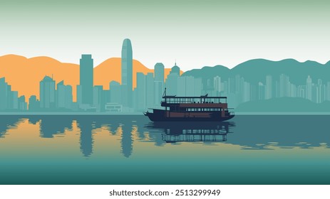 Diese atemberaubende Illustration fängt die faszinierende Skyline von Hong Kong bei Sonnenuntergang ein. Die Sonne taucht unter den Horizont und wirft einen warmen orangen und violetten Farbton über die Hochhäuser der Stadt