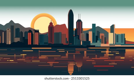 Diese atemberaubende Illustration fängt die faszinierende Skyline von Hong Kong bei Sonnenuntergang ein. Die Sonne taucht unter den Horizont und wirft einen warmen orangen und violetten Farbton über die Hochhäuser der Stadt