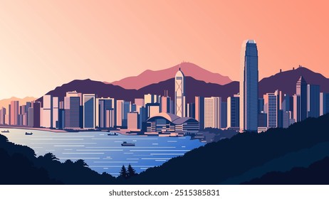 Diese atemberaubende Illustration fängt die faszinierende Skyline von Hong Kong bei Sonnenuntergang ein. Die Sonne taucht unter den Horizont und wirft einen warmen orangen und violetten Farbton über die Hochhäuser der Stadt