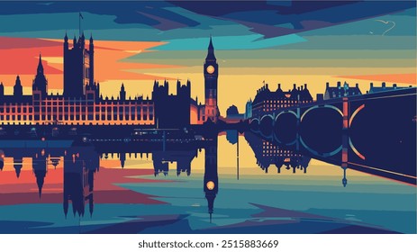 This stunning illustration captures the essence of London, England, at dusk. The iconic Big Ben tower stands tall against a warm sunset sky, its reflection beautifully mirrored in the River Thames 