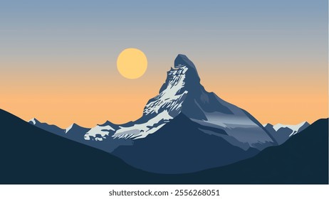 This stunning illustration captures the Matterhorn, one of the most iconic mountains in the world, bathed in the soft hues of a setting sun