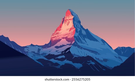 This stunning illustration captures the Matterhorn, one of the most iconic mountains in the world, bathed in the soft hues of a setting sun