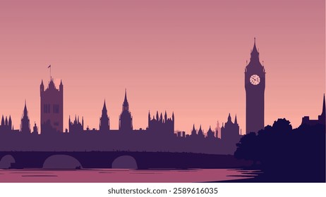 This stunning illustration captures London’s skyline at dusk, where the fading sunlight casts a warm glow on the iconic modern structures. 