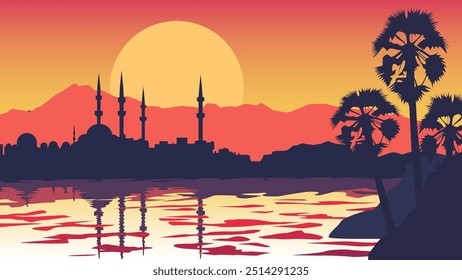 Esta impresionante ilustración captura la tranquila belleza de Antalya al atardecer. El cielo es un gradiente de cálidos tonos anaranjados y amarillos, con el sol poniéndose detrás de majestuosas montañas.