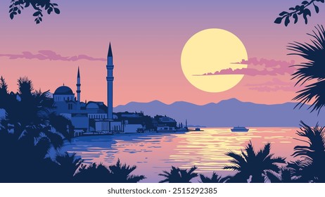 Esta impresionante ilustración captura la tranquila belleza de Antalya al atardecer. El cielo es un gradiente de cálidos tonos anaranjados y amarillos, con el sol poniéndose detrás de majestuosas montañas.