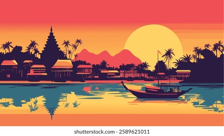 This stunning illustration captures the tranquil beauty of Phuket, Thailand, at sunset. The vibrant hues of the setting sun stretch across the sky, casting a golden glow on the serene coastline. 