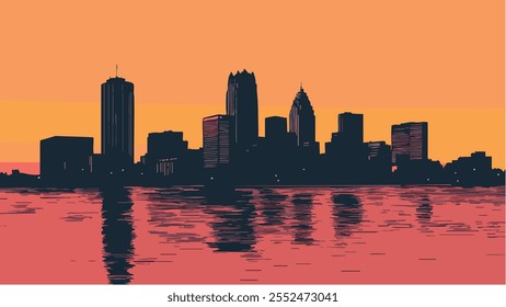 Diese atemberaubende Illustration zeigt die Skyline von Detroit, Michigan, während eines atemberaubenden Sonnenuntergangs. Die Stadt ist silhouettiert gegen einen lebendigen Farbverlauf-Himmel, der von Orange nach Rot wechselt