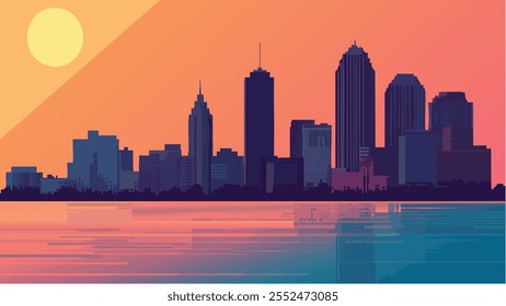 Diese atemberaubende Illustration zeigt die Skyline von Detroit, Michigan, während eines atemberaubenden Sonnenuntergangs.