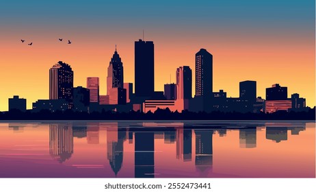 Diese atemberaubende Illustration zeigt die Skyline von Detroit, Michigan, während eines atemberaubenden Sonnenuntergangs.