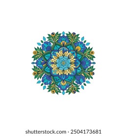 This stunning mandala design features a vibrant blue and yellow flower motif set against a crisp white background, creating a striking visual contrast. The intricate patterns and harmonious color pale