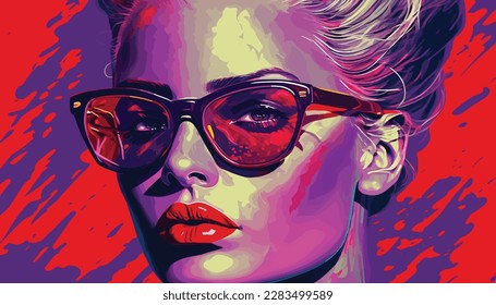 This stunning portrait captures the beauty and confidence of a woman wearing bold red lipstick and trendy glasses. The image showcases her captivating gaze and flawless complexion, making it a perfect