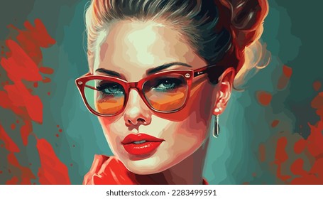 This stunning portrait captures the beauty and confidence of a woman wearing bold red lipstick and trendy glasses. The image showcases her captivating gaze and flawless complexion, making it a perfect