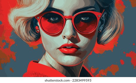 This stunning portrait captures the beauty and confidence of a woman wearing bold red lipstick and trendy glasses. The image showcases her captivating gaze and flawless complexion, making it a perfect