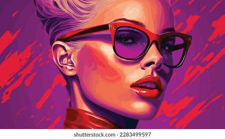 This stunning portrait captures the beauty and confidence of a woman wearing bold red lipstick and trendy glasses. The image showcases her captivating gaze and flawless complexion, making it a perfect