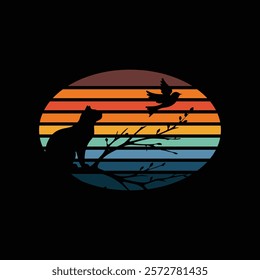 This stunning silhouette design captures the timeless interaction between a cat and a bird amidst the backdrop of a vibrant retro-style sunset. The circular composition is framed with warm gradient