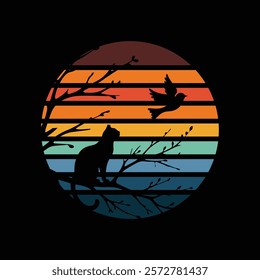 This stunning silhouette design captures the timeless interaction between a cat and a bird amidst the backdrop of a vibrant retro-style sunset. The circular composition is framed with warm gradient