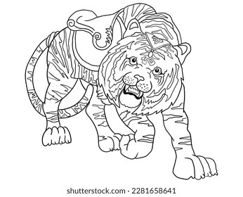 This stunning tiger illustration is perfect for coloring book enthusiasts of all ages. With intricate details and bold lines, it's sure to provide hours of creative fun and relaxation.