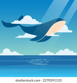 This stunning vector illustration depicts a majestic whale soaring through the clouds with its wings outstretched.