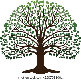 Esta impresionante Ilustración vectorial cuenta con un majestuoso roble, detallado con hojas verdes vibrantes y ramas elegantes. El diseño simétrico del árbol y los ricos tonos terrosos lo hacen perfecto. 