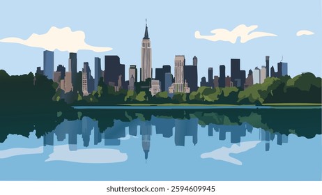 This stunning vector-style illustration showcases the famous Central Park skyline, with its lush greenery seamlessly blending into the backdrop of iconic skyscrapers