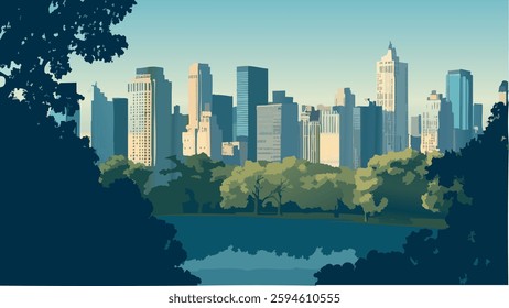 This stunning vector-style illustration showcases the famous Central Park skyline, with its lush greenery seamlessly blending into the backdrop of iconic skyscrapers