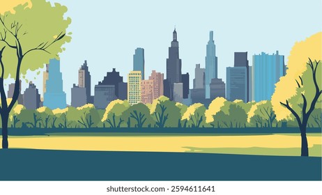 This stunning vector-style illustration showcases the famous Central Park skyline, with its lush greenery seamlessly blending into the backdrop of iconic skyscrapers