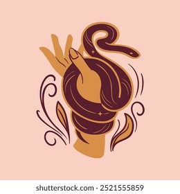 This is a stylish and artistic illustration showcasing a hand gracefully holding a serpent against. Chinese New Year Wood Snake. Vector illustration with mystical magical and natural flair. Boho style