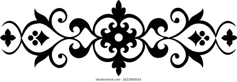 This stylish black floral pattern features a central flower with ornate leaves and scrolls extending symmetrically. Its classic, sophisticated look makes it adaptable for many uses.