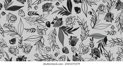 Este elegante padrão floral preto e branco apresenta desenhos intrincados ao lado de folhas elegantes que cativam