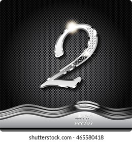 This stylish metal, chrome figure is 2, There are inlaid with shadow and glare. vector digit two.