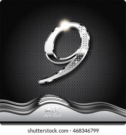 This stylish metal, chrome number is 9, There are inlaid with shadow and glare. vector digit nine. eps10