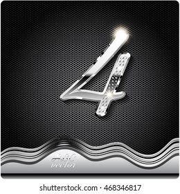 This stylish metal, chrome number is 4, There are inlaid with shadow and glare. vector digit four. eps10