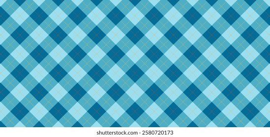 This stylish vector a classic argyle pattern featuring diamonds in shades of blue and light blue, accented with subtle red and yellow lines.