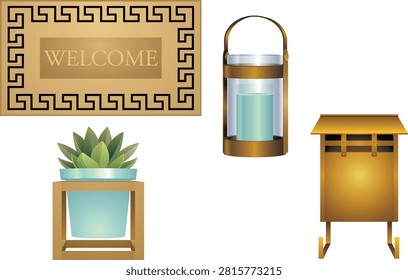 This stylish vector illustration features an elegant bronze-colored doormat decorated with a classic Greek key border and a prominent 