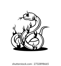 This stylized black vector illustration depicts a coiled snake or cobra intertwined with strong tribal flame motifs, giving the artwork a powerful and aggressive aesthetic suitable for tattoos or logos.