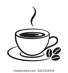 This stylized black and white graphic depicts a cup of coffee with steam rising and coffee beans on a saucer.