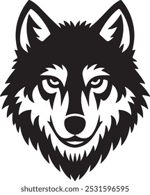  This is a stylized, black and white image of a wolf's head. The wolf is depicted with a fierce and determined expression, featuring sharp teeth and piercing eyes. The design is bold and striking, wit