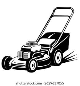 This is a stylized black and white vector illustration of a lawn mower, depicted in a bold and dynamic perspective. 
