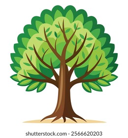 This stylized cartoon tree image features a full, lush canopy of vibrant green leaves and a simple brown trunk and roots