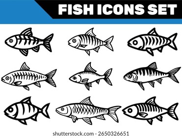 This stylized collection features nine distinctive types of fish, each outlined in black and set against a clean, white background, showcasing unique patterns.