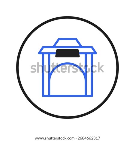 This is a stylized depiction of a structure, enclosed in a bold circle, blending architectural elements with contemporary design. The blue outline and internal arch offer a modern, minimal