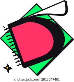 This stylized flat design vector art presents an abstract top down view of a grand piano. Featuring a bold pink soundboard and black rim set against a neon green diamond, the minimalist graphic includes a white sheet of music and a small yellow sparkle to suggest elegant professional musical performance.