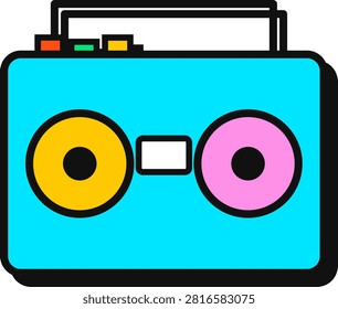 This stylized flat graphic features a vintage boombox in bright cyan. It includes one yellow speaker and one pink speaker, outlined with bold black strokes. The minimalist design evokes a nineteen eighties aesthetic. Colorful buttons in orange and green sit atop the device, all set against a clean white background.
