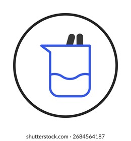 This stylized graphic depicts a science beaker, filled partially with liquid and containing two stirrers. Encased within a circular frame, this illustration is ideal for representing laboratory