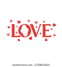 Diese stilisierte Grafik zeigt das Wort "LOVE" in fett schwarzen Buchstaben auf weißem Hintergrund. Ein großes rotes Herz ersetzt das "O" im Wort. Der Text ist von einer Gruppe kleinerer Herzen in Rot- und Hellrosa-Tönen umgeben, wodurch ein festliches und romantisches Design geschaffen wird, das sich für den Valentinstag oder den Ausdruck der Zuneigung eignet.